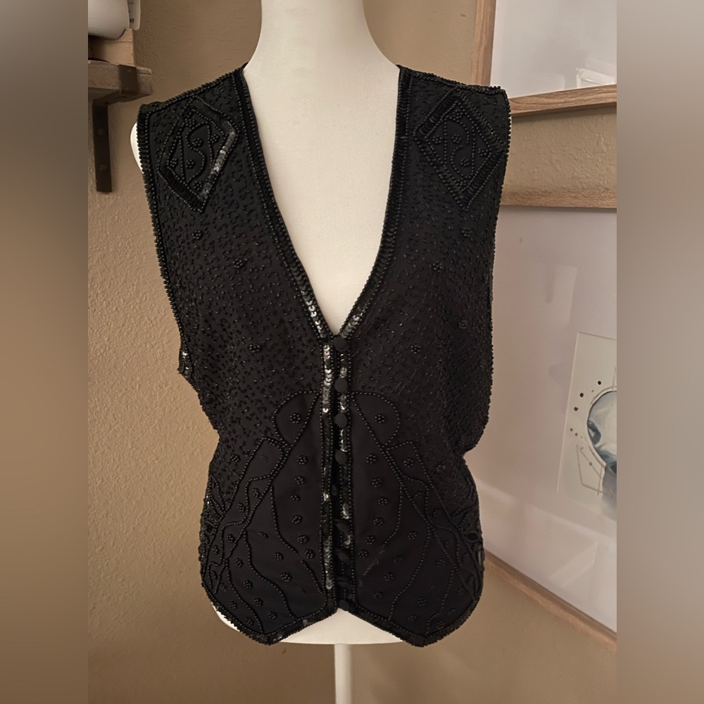 100% silk hand beaded black adjustable vest, womens size large